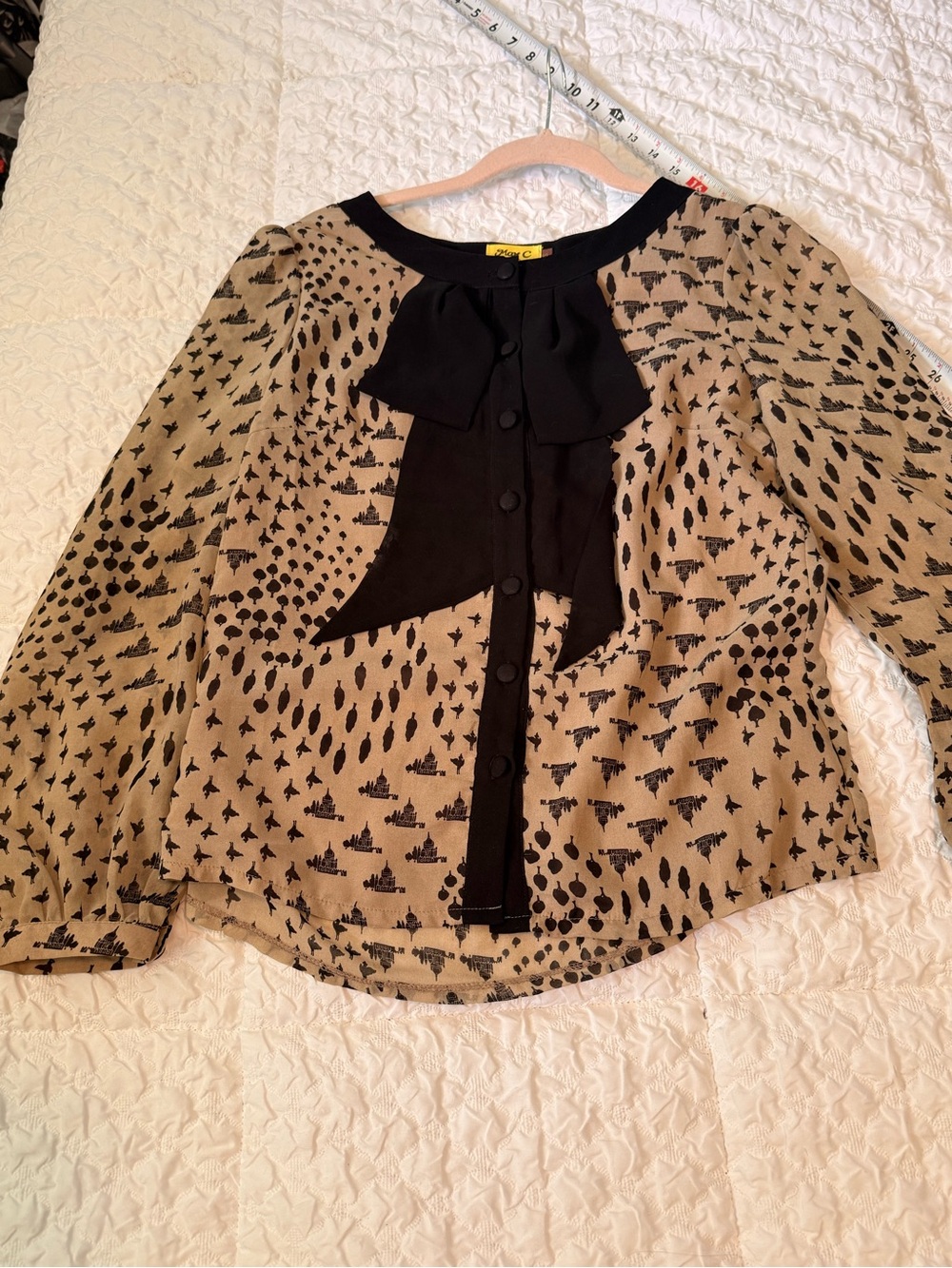 Bow-Front Blouse in Taupe and Black